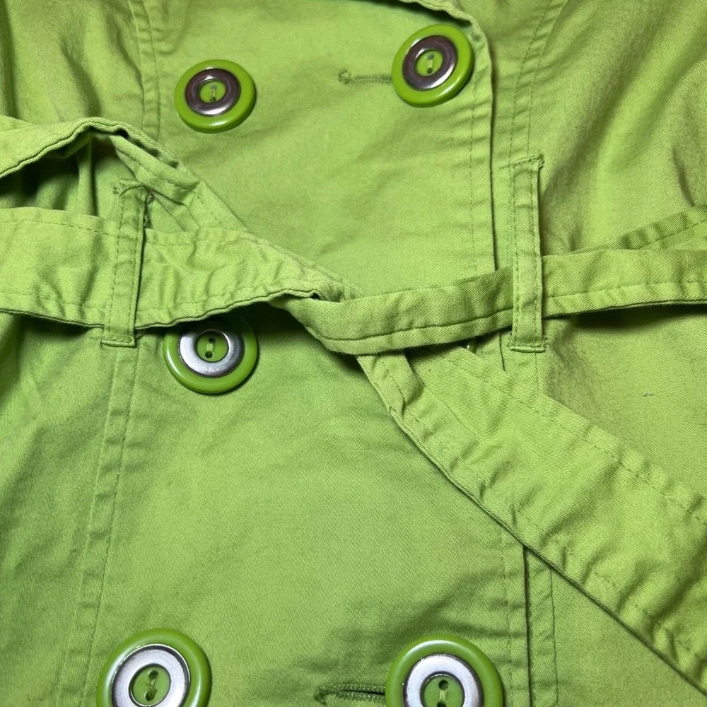 Takara Girls Size Medium‎ Bright Green Double Breasted Trench Coat Belted Ruffle